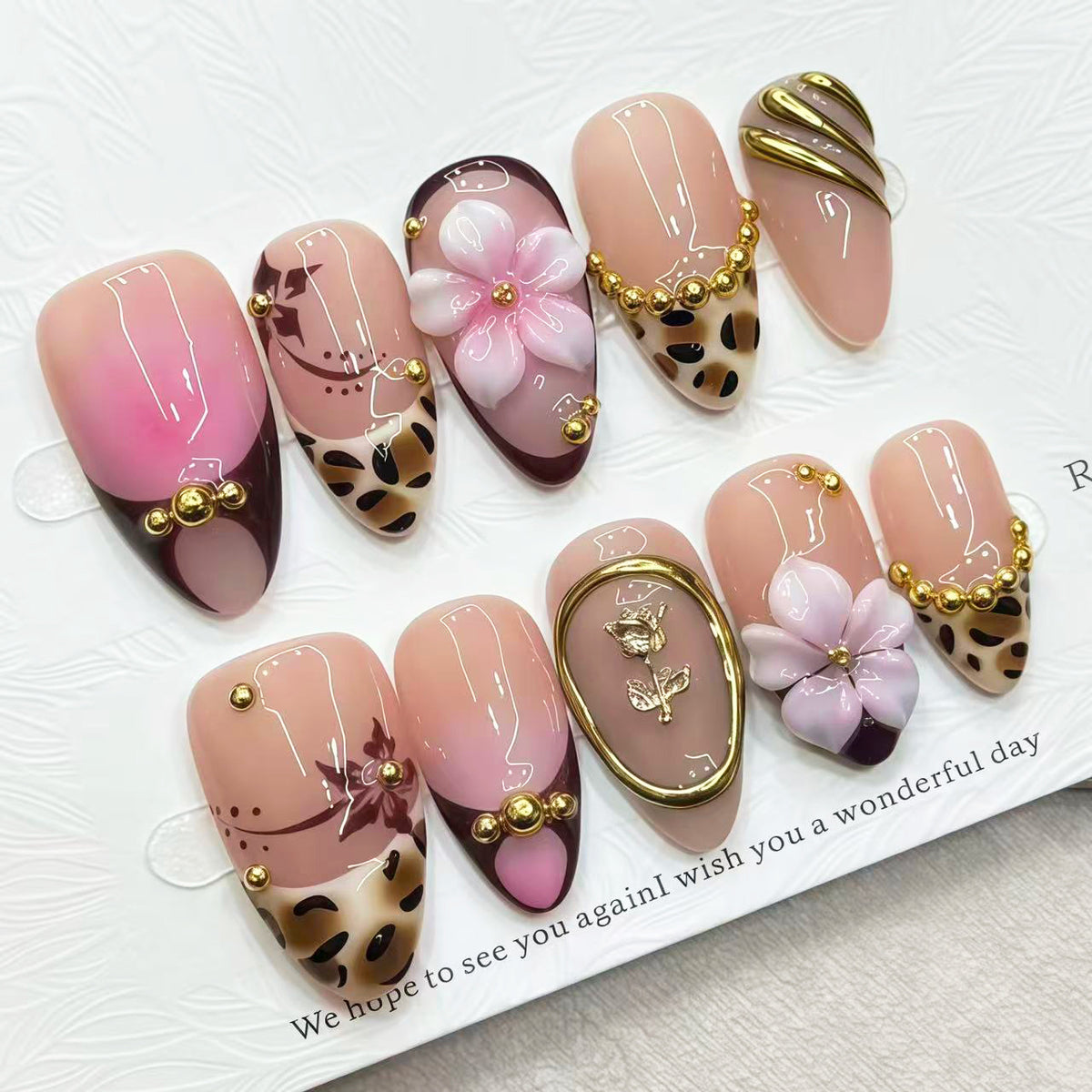 Leopard Blush 3D Flower Presson on Nails 10Pcs Medium Almond Nails