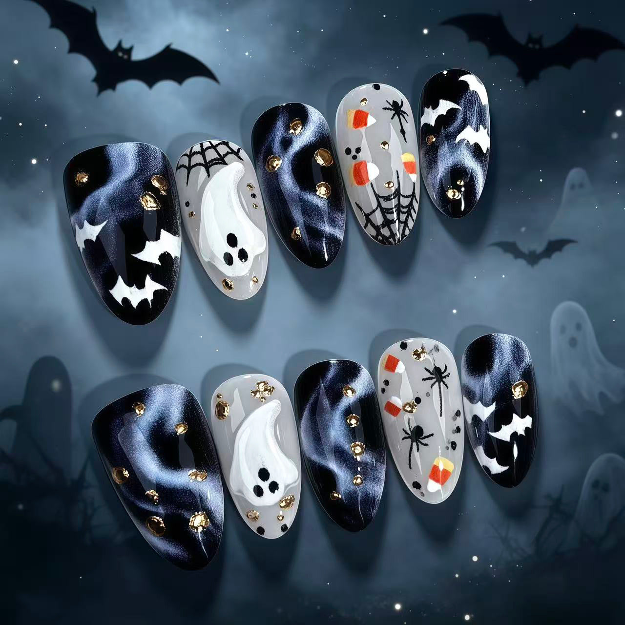 Midnight Phantom Presson on Nails 10Pcs Medium Almond Nails