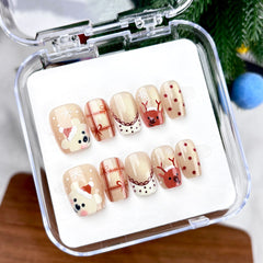 Bear Tartan Deer Presson on Nails 10Pcs Short Square Nails