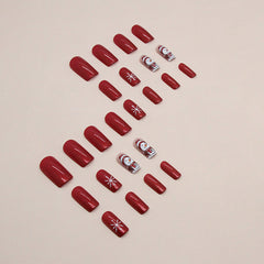 Aurora Red Snowman Press on Nails 24Pcs Medium Squoval Nails