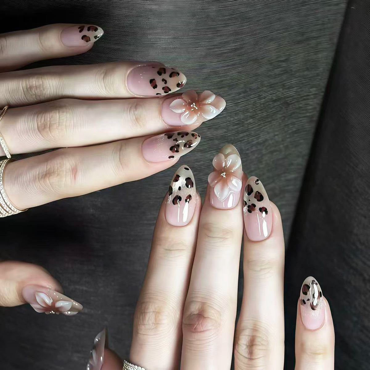 Leopard 3D Flower Presson on Nails 10Pcs Medium Almond Nails