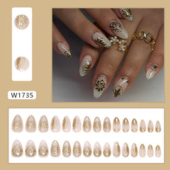 3D Golden Flower White Press on Nails 24Pcs Short Almond Nails