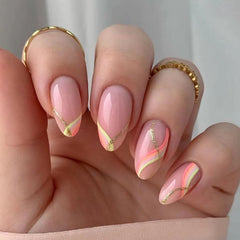 Gold Stripes Press on Nails 24Pcs Medium Almond Nails