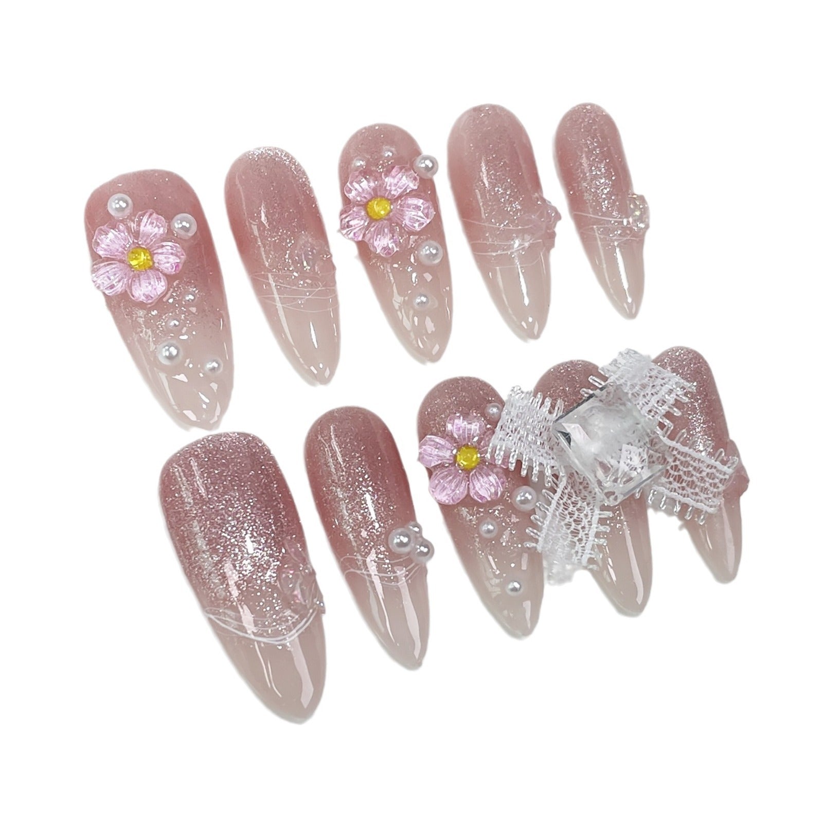 Cat's Eye Ice FlowerHandmade press on Nails / 10Pcs Almond Nails