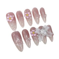 Cat's Eye Ice FlowerHandmade press on Nails / 10Pcs Almond Nails