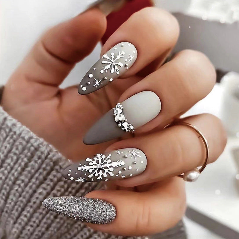 Snowflake Diamond Gradient Color Press on Nails 24Pcs Medium Almond Nails