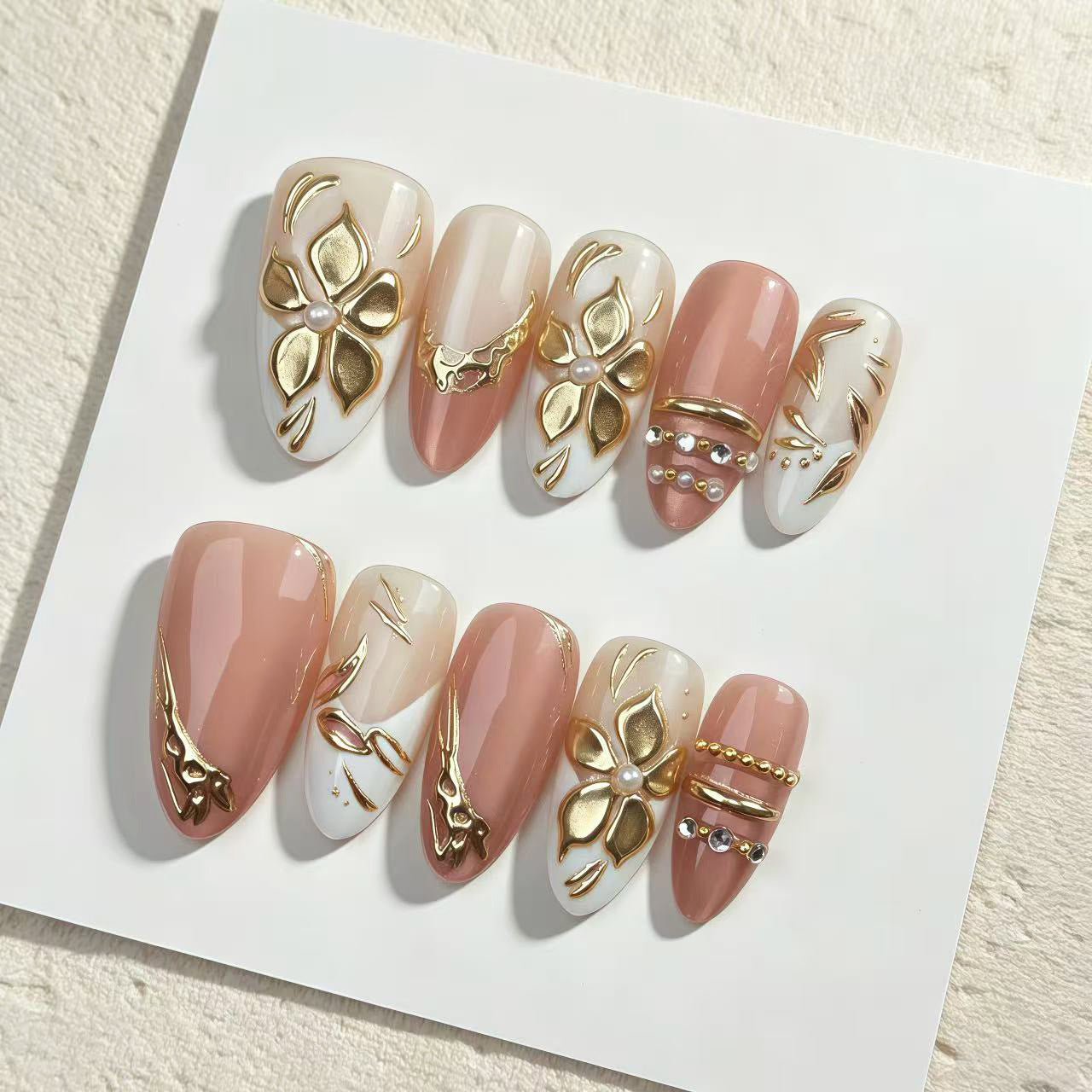 French Gold Flower Presson on Nails 10Pcs Medium Almond Nails