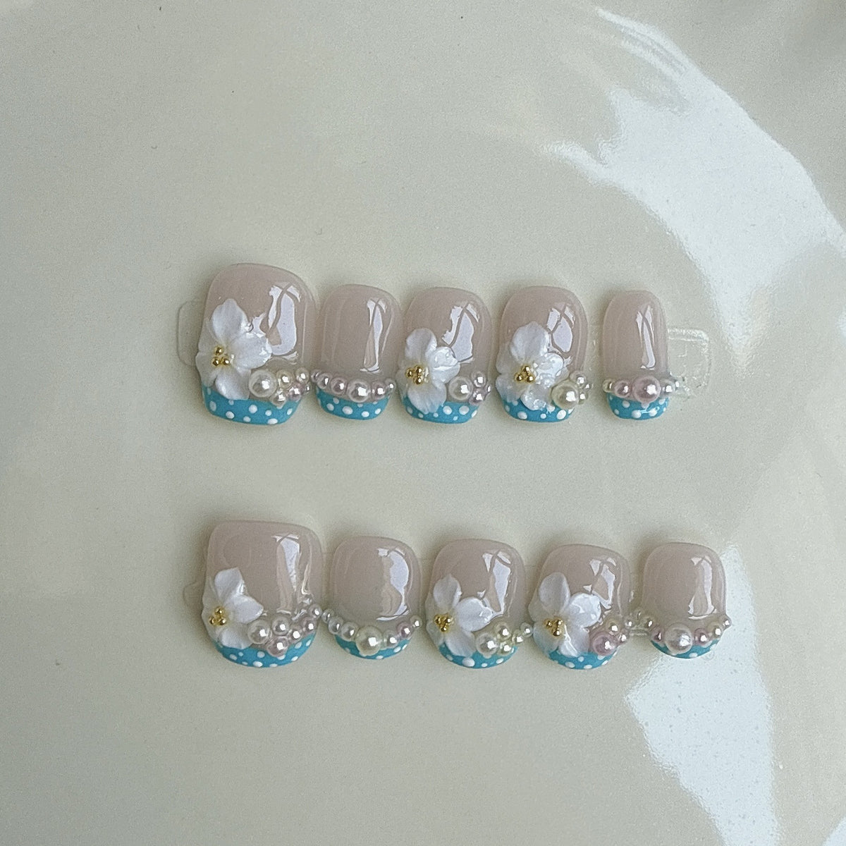 3D Flower Pearl French（Handmade press on nails）/10Pcs Square Nails