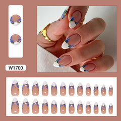 French Iris Flower Nude Press on Nails 24Pcs Medium Almond Nails