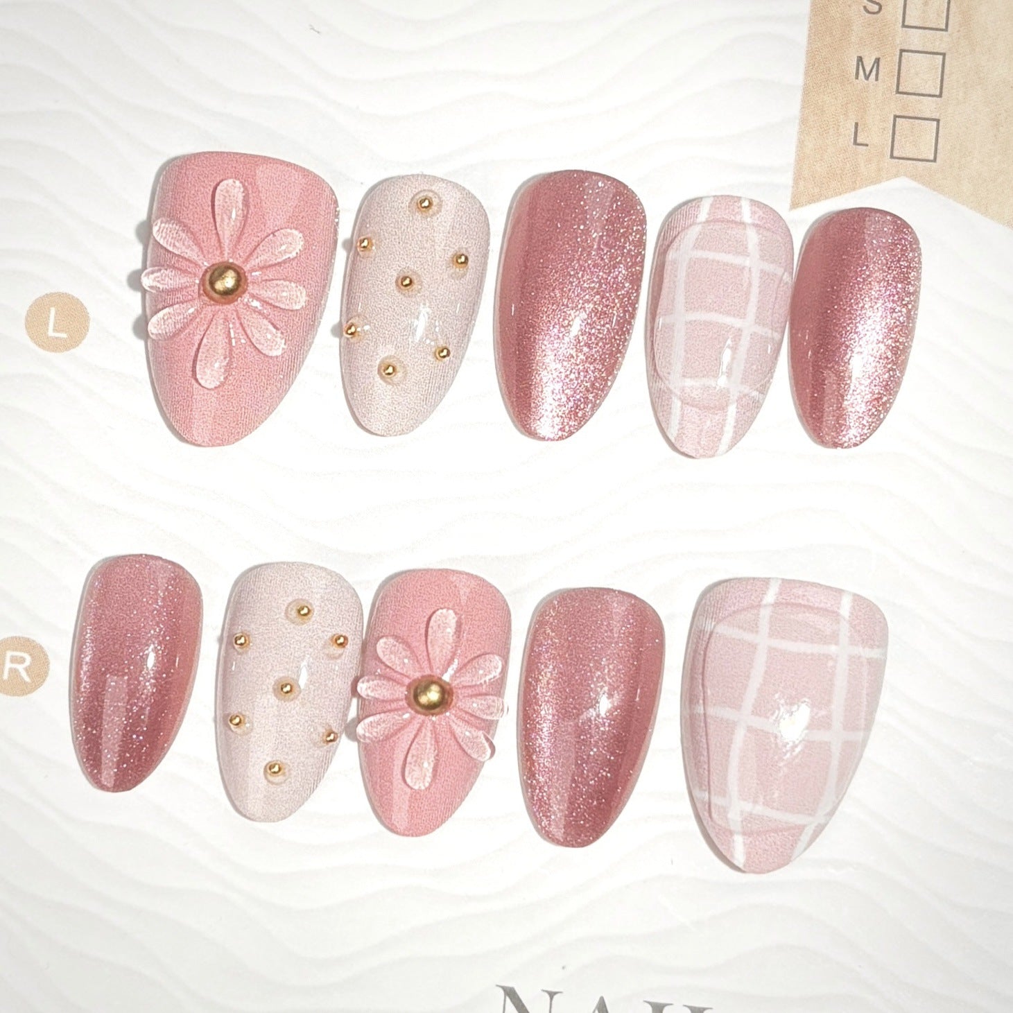 Plaid Cat Eye on Nails 10Pcs Medium Almond Nails