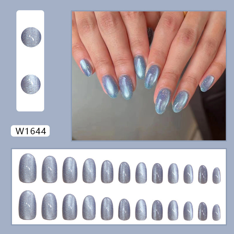 Gypsophila Cat Eye Blue Press on Nails 24Pcs Short Oval Nails