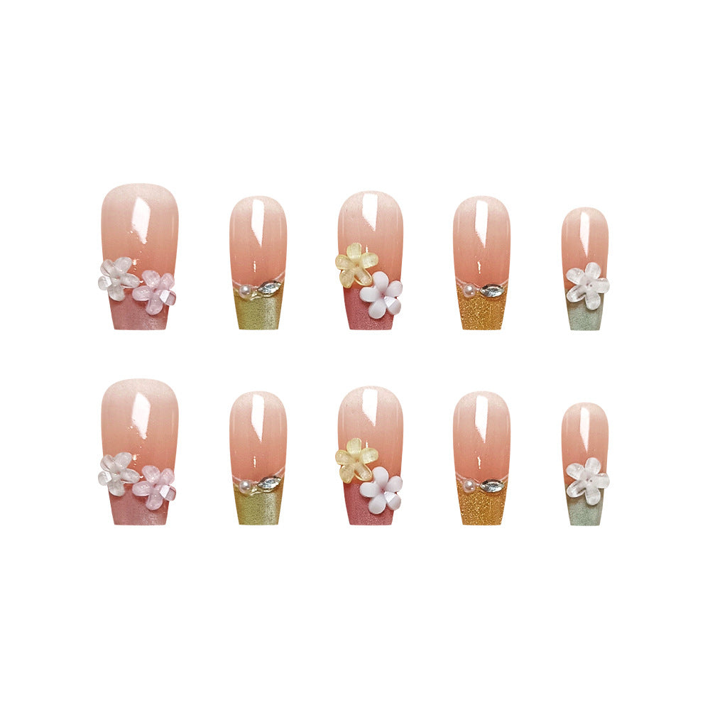Colorful French Flowers Cat Eye（Handmade press on nails）/10Pcs Ballerina Nails