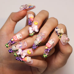 Colorful Leopard Print Cute Rabbit Press on Nails 24Pcs Long Ballerina Nails