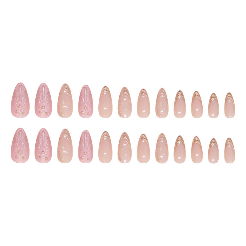 3D shell golden lines Pink Press on Nails 24Pcs Medium Almond Nails