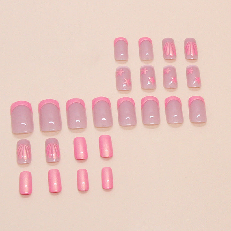 French Aurora Shells Pink Press on Nails 24Pcs Medium Squoval  Nails