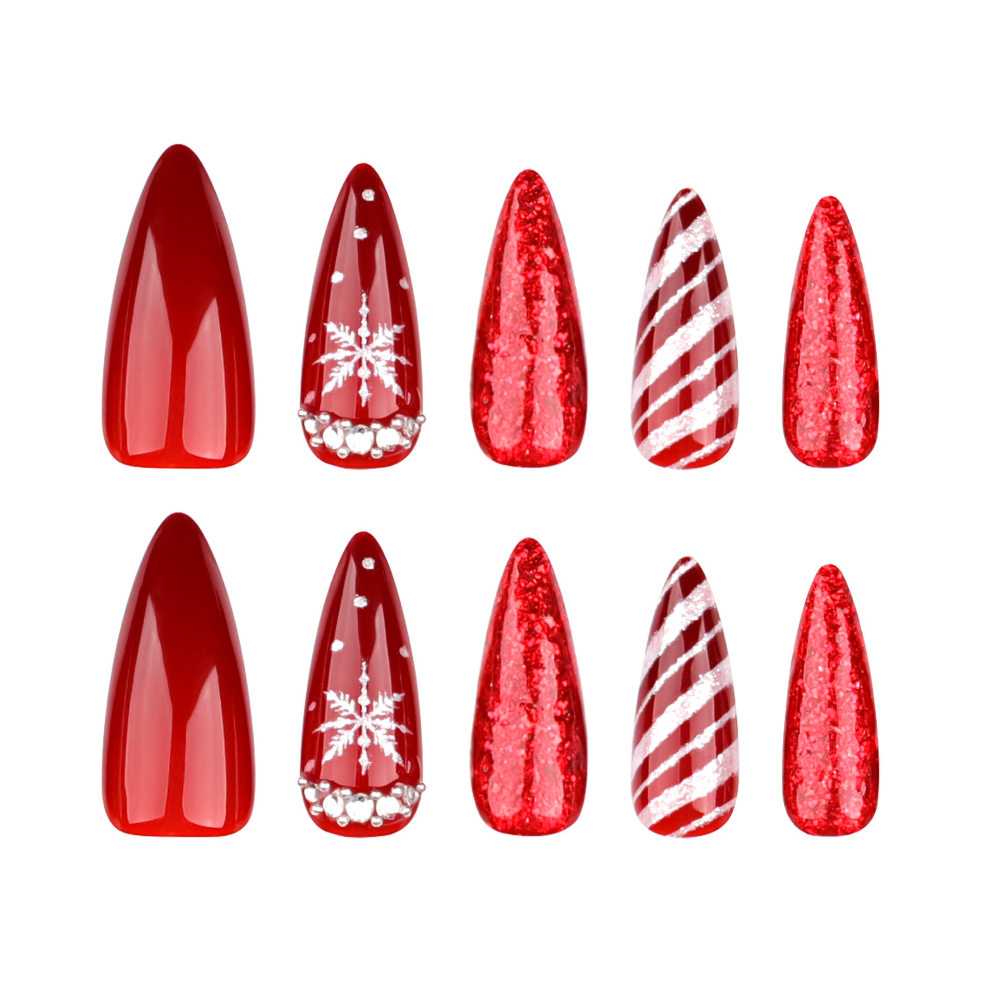 Sparkling Snowflake Stripes Press on Nails 24Pcs Long Stiletto Nails