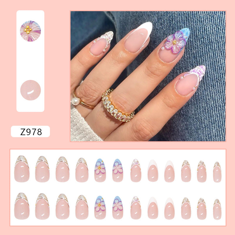 French 3D Flower Press on Nails 24Pcs Medium Almond Nails