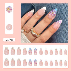 French 3D Flower Press on Nails 24Pcs Medium Almond Nails