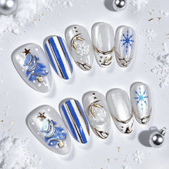 Blue Christmas Snowball Presson on Nails 10Pcs Medium Almond Nails