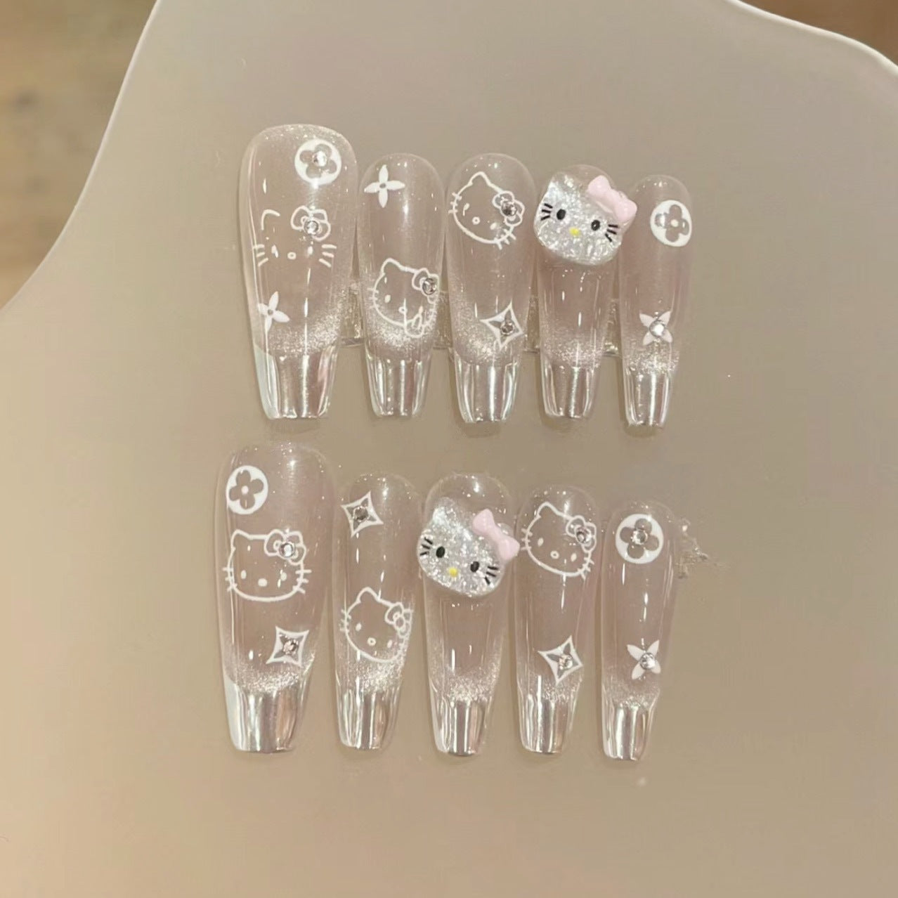 French Cat Eye Kitty Handmade press on Nails / 10Pcs Ballerina  Nails