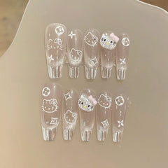 French Cat Eye Kitty Handmade press on Nails / 10Pcs Ballerina  Nails