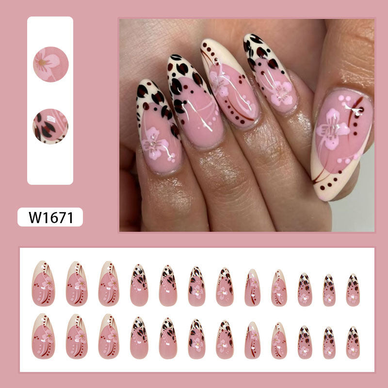 Leopard Print Flower Pink Press on Nails 24Pcs Medium Almond Nails