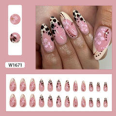 Leopard Print Flower Pink Press on Nails 24Pcs Medium Almond Nails