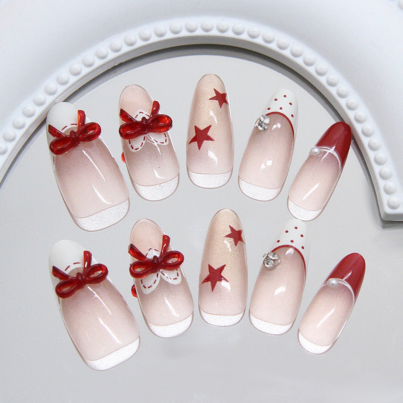 French Polka Dot Bow Press on Nails 24Pcs Medium Almond Nails