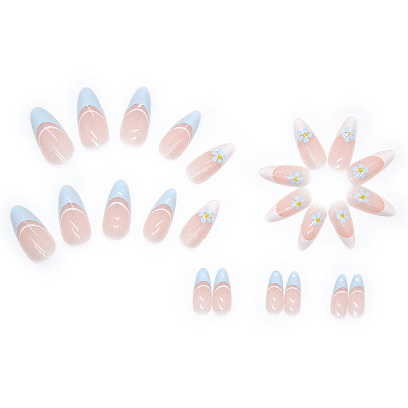 Light Blue Flowers Press on Nails 24Pcs Medium Almond Nails