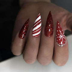 Sparkling Snowflake Stripes Press on Nails 24Pcs Long Stiletto Nails