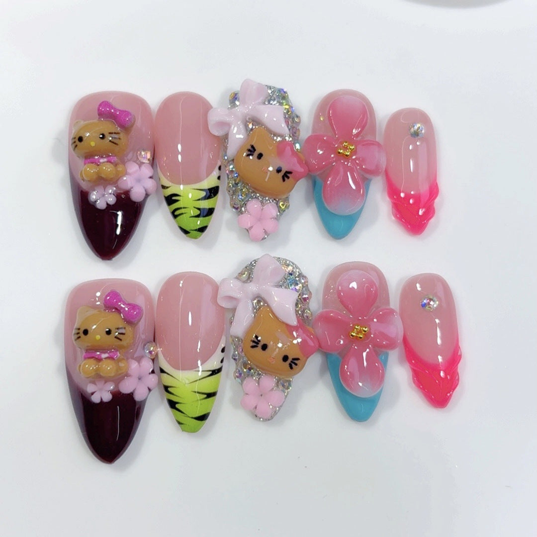 Kitty Carved（Handmade press on nails）/10Pcs Almond Nails