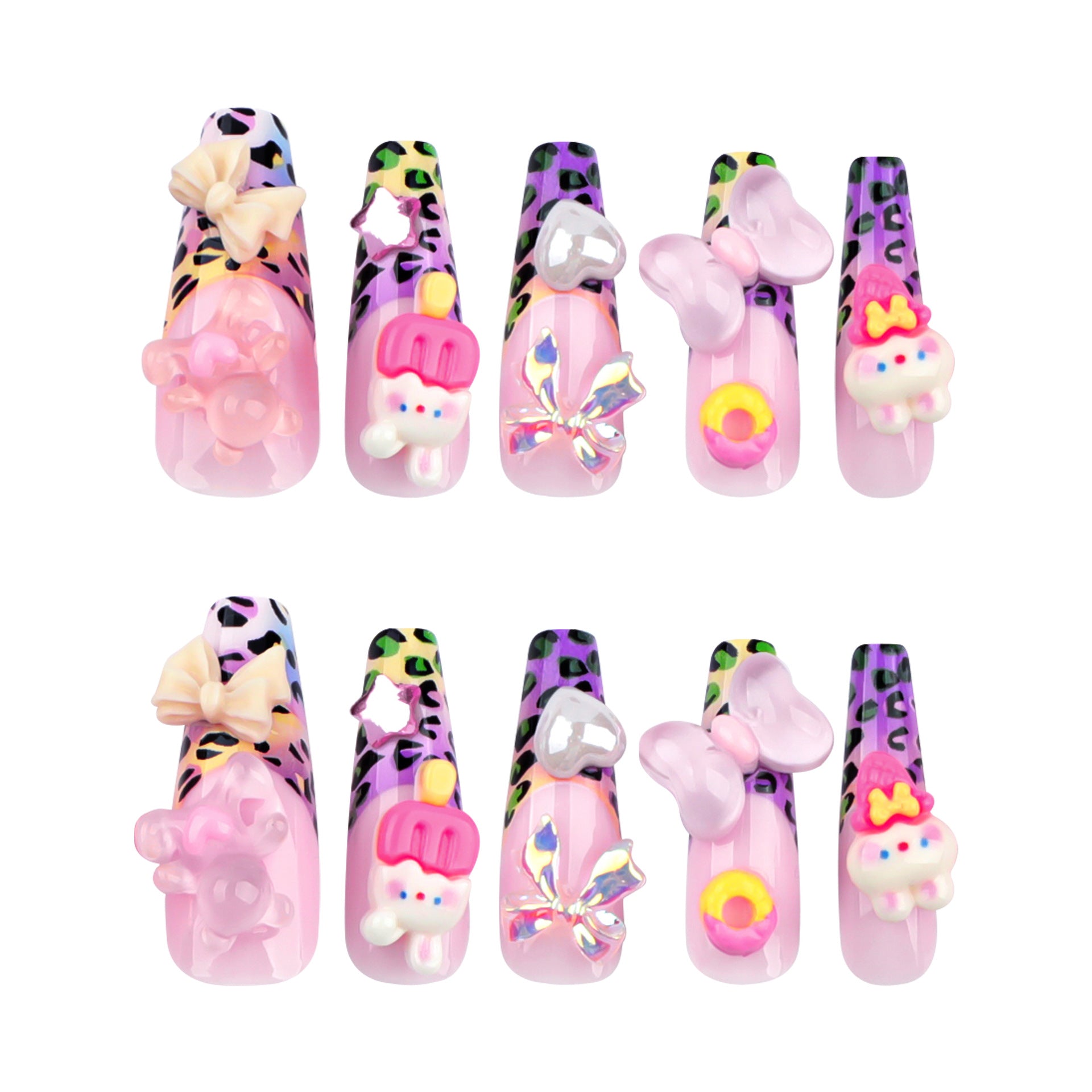 Colorful Leopard Print Cute Rabbit Press on Nails 24Pcs Long Ballerina Nails