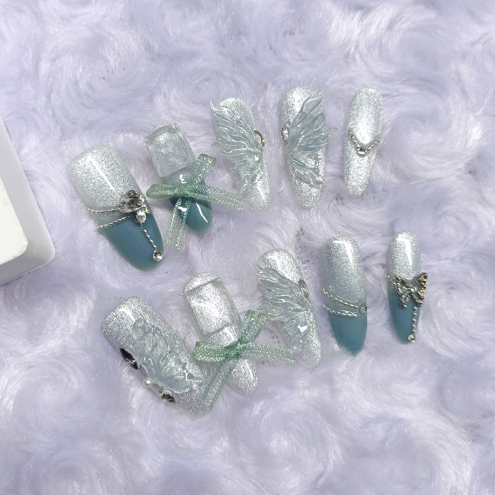 Blue Half-Winged Bow Cat Eye（Handmade press on nails）/10Pcs Almond Nails
