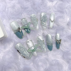 Blue Half-Winged Bow Cat Eye（Handmade press on nails）/10Pcs Almond Nails