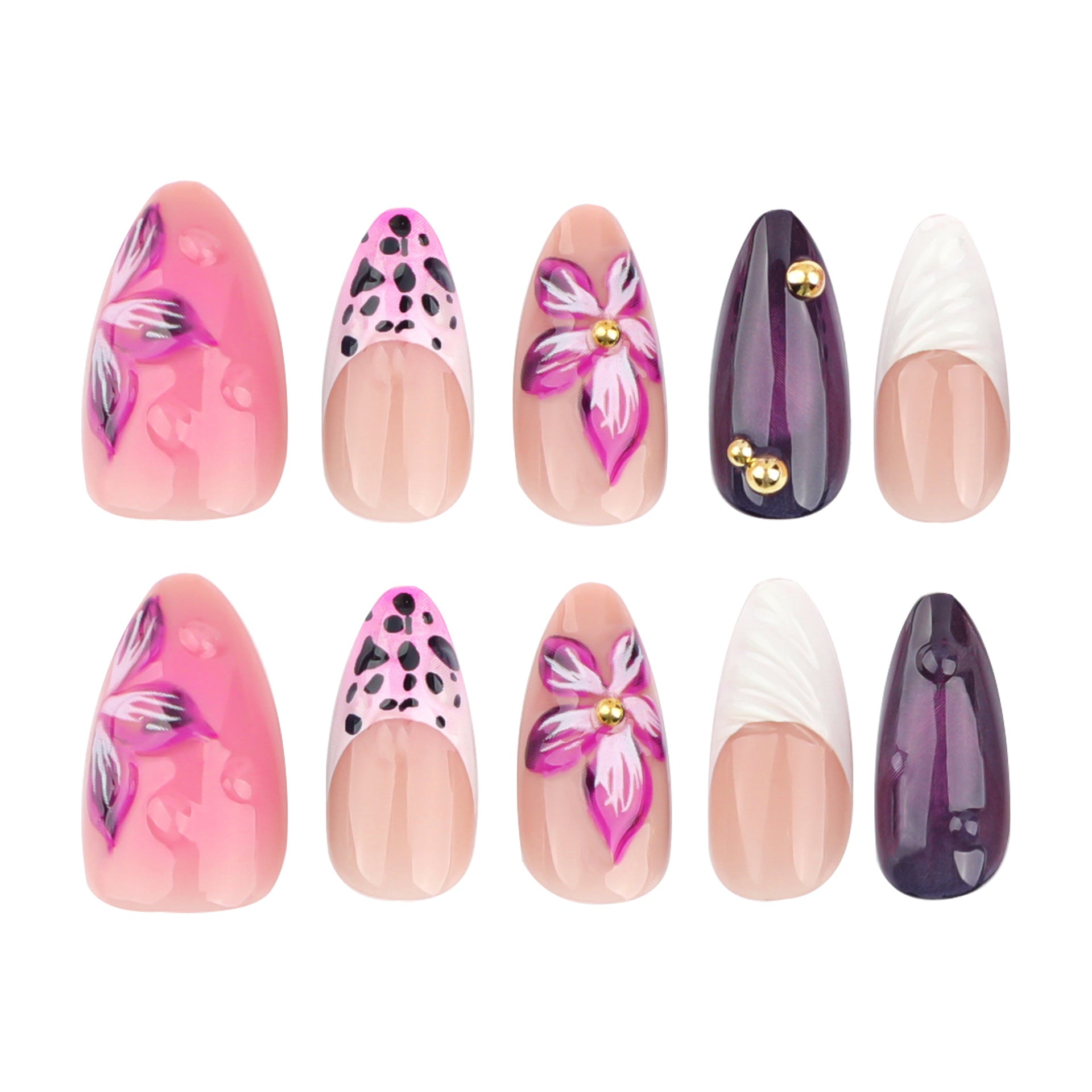 French 3D Purple Flower Press on Nails 24Pcs Medium Almond Nails