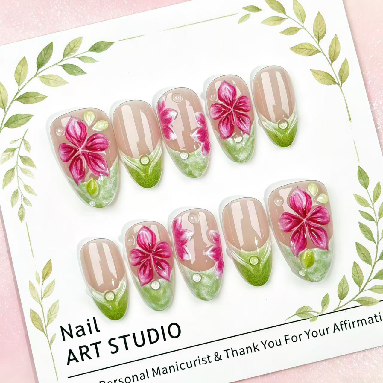 Spring Flower Press on Nails 10Pcs Medium Almond Nails