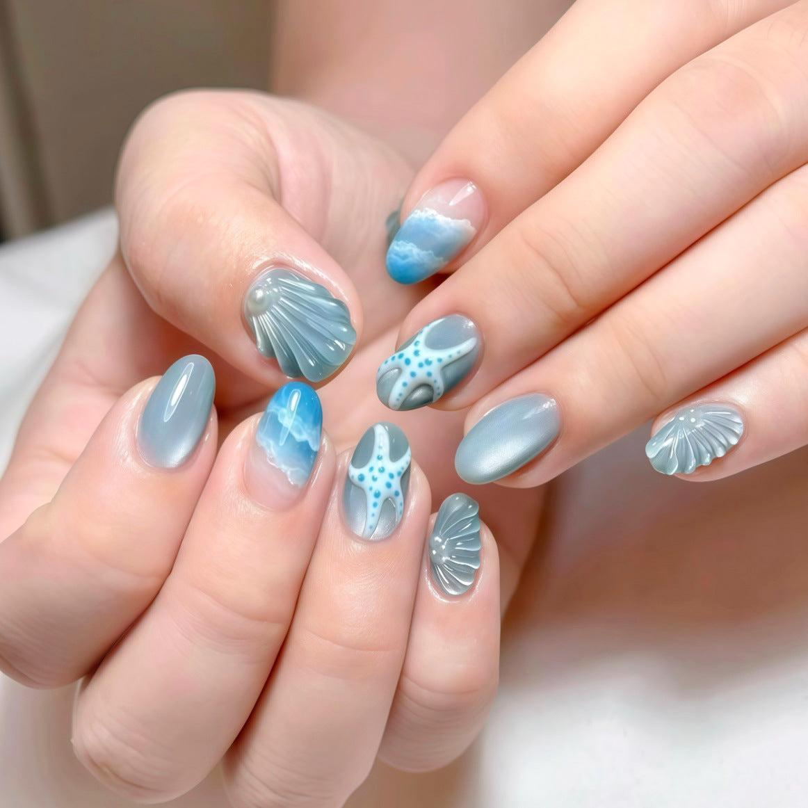 Sea Salt Water Ripples Cat Eye Press on Nails 10Pcs Medium Almond Nails