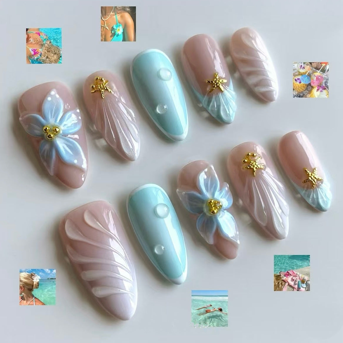 3D Blue Flower Shell（Handmade press on nails）/10Pcs Almond Nails