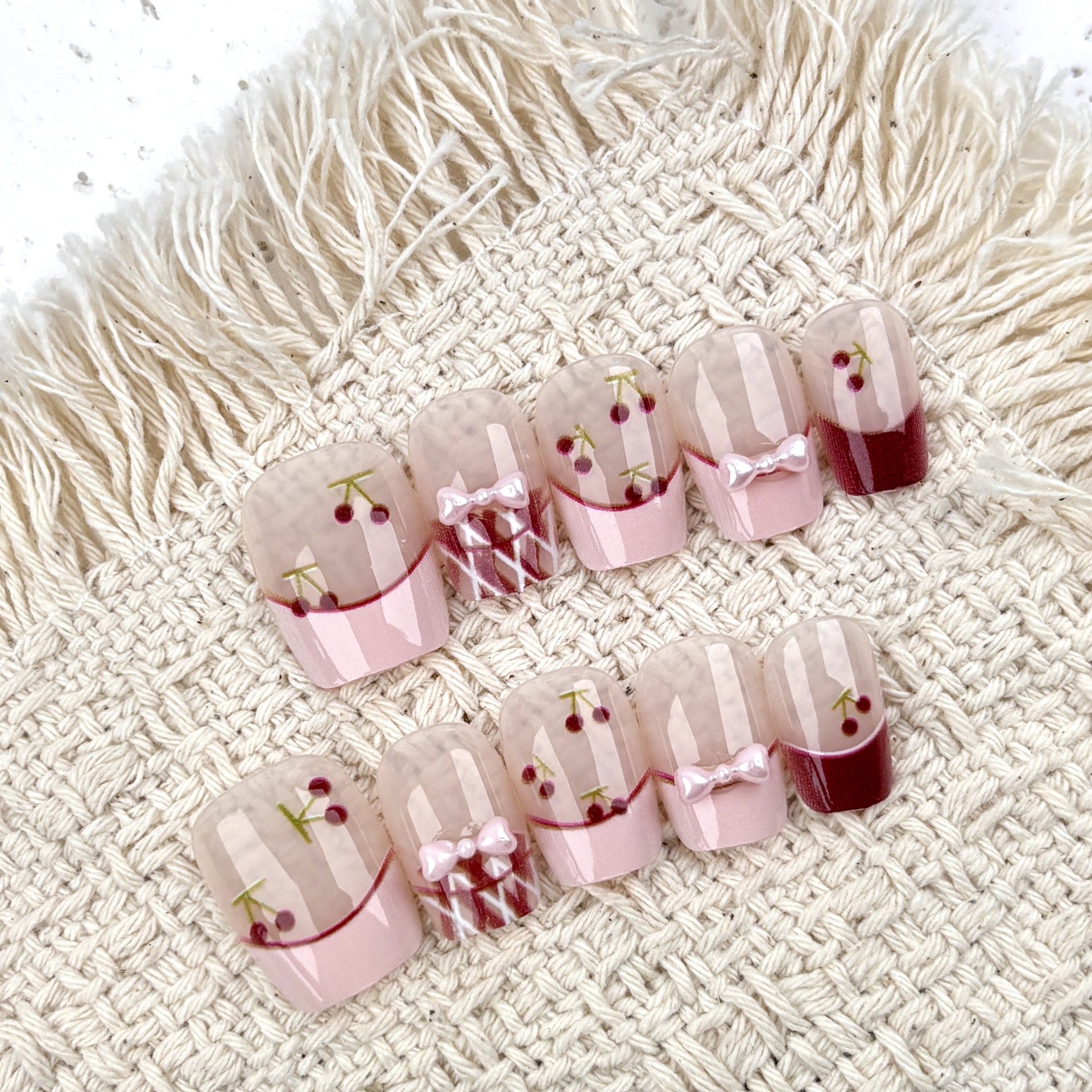 Cherry Plaid French Presson on Nails 10Pcs Short Square Nails