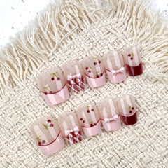 Cherry Plaid French Presson on Nails 10Pcs Short Square Nails