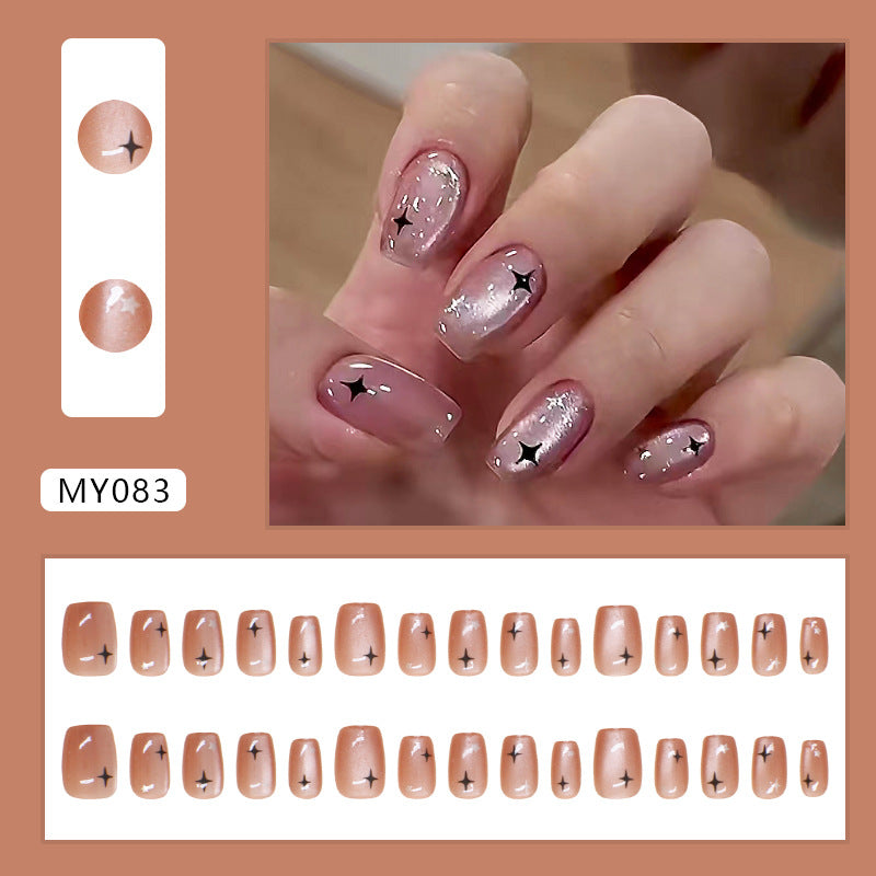 Star Cat Eye Pink Press on Nails 24Pcs Short Squoval  Nails