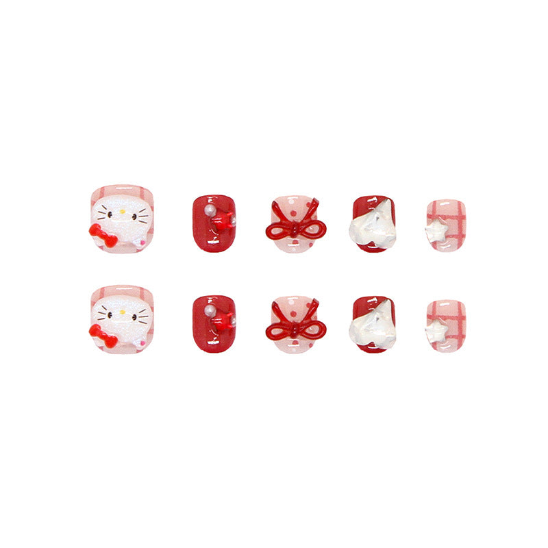 Polka Dot Stripe Kitty Diamond（Handmade Press On Nails）/10Pcs Short Children's Nails