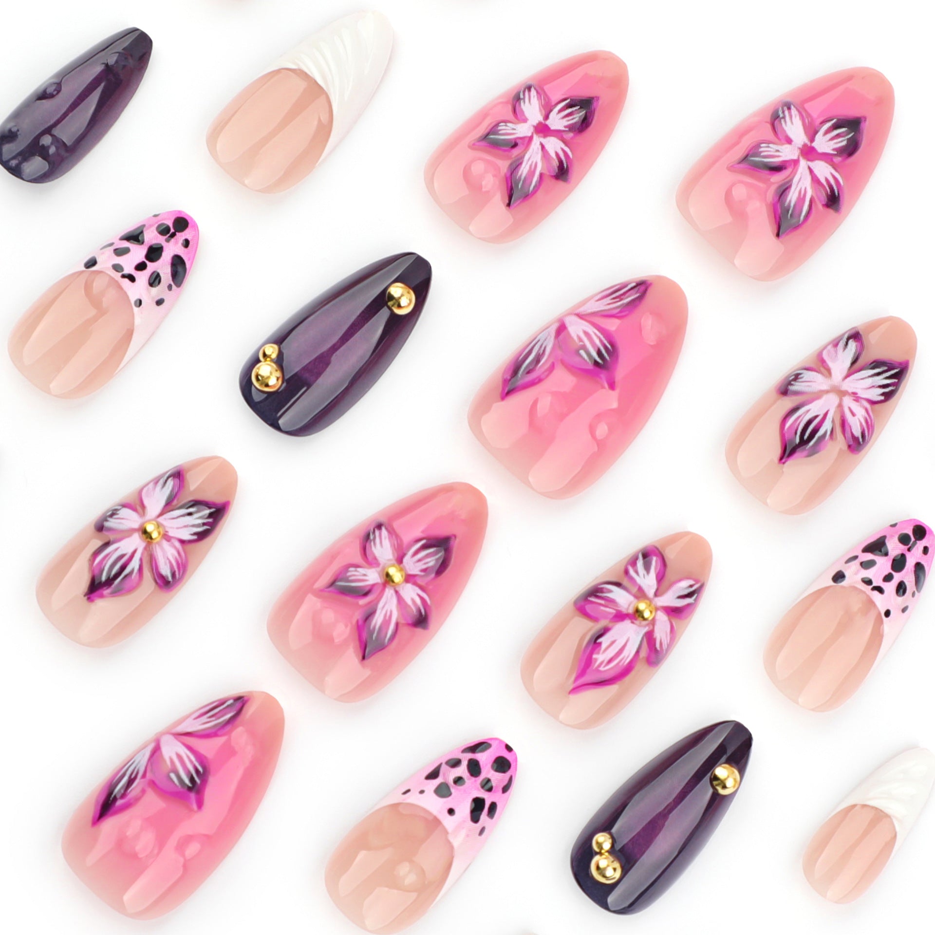 French 3D Purple Flower Press on Nails 24Pcs Medium Almond Nails