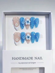 French Blueberry Flowers（Handmade press on nails）/10Pcs Almond Nails