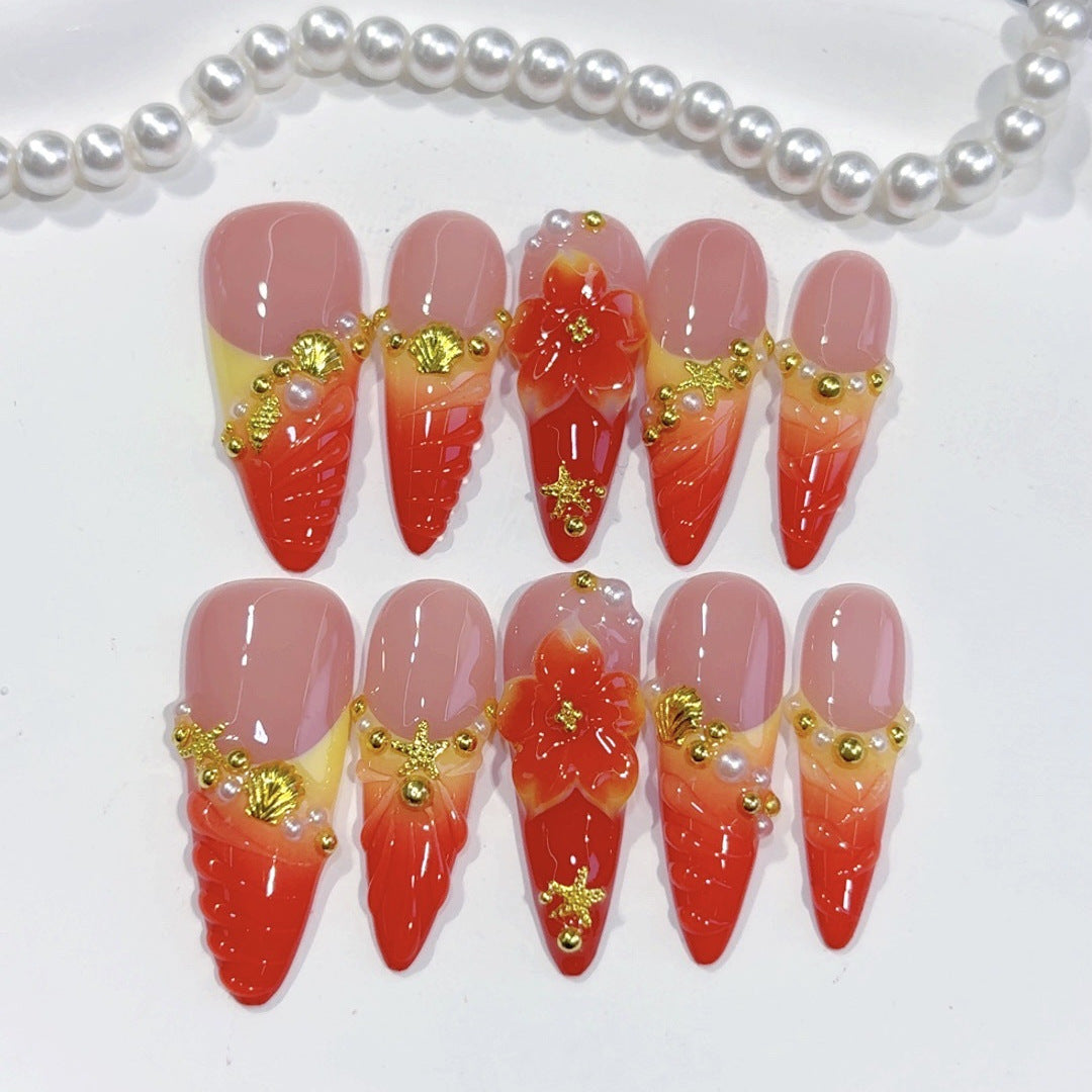 Shell Flame Red（Handmade press on nails）/10Pcs Stiletto Nails