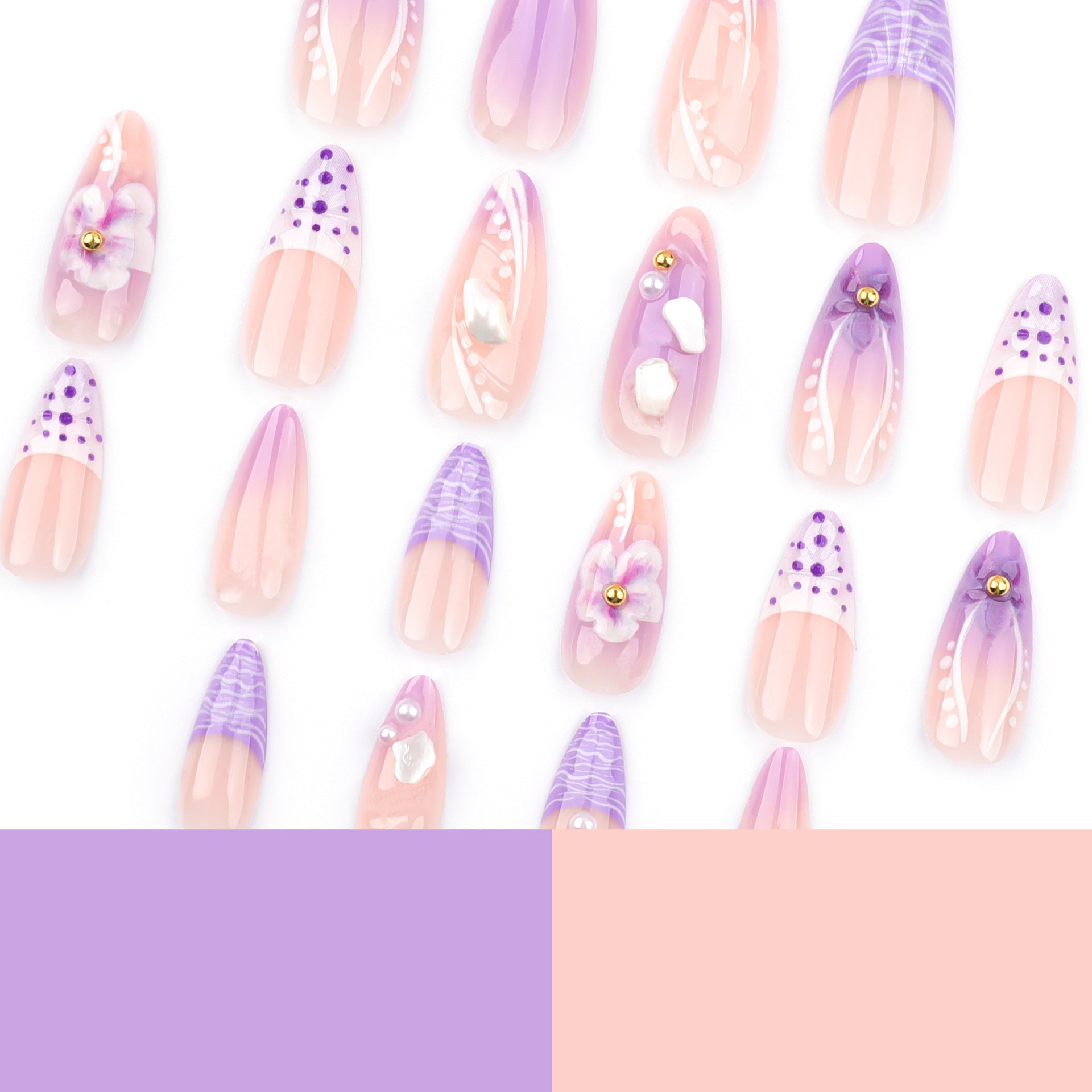 Purple Blooming 3D Flowers Press on Nails 24Pcs Medium Almond Nails