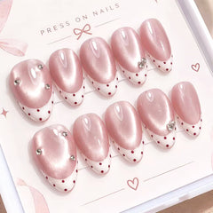 Peach Polka Dot French Presson on Nails 10Pcs Medium Almond Nails