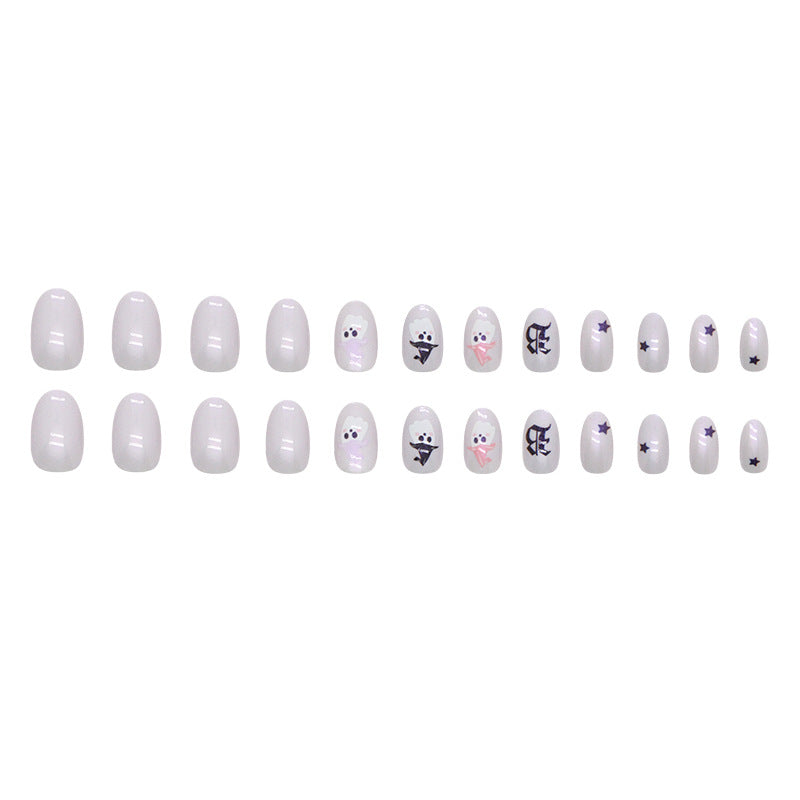 White Aurora Ghost Press on Nails 24Pcs Short Oval Nails  