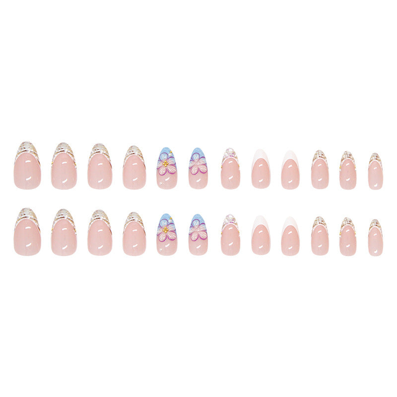 French 3D Flower Press on Nails 24Pcs Medium Almond Nails