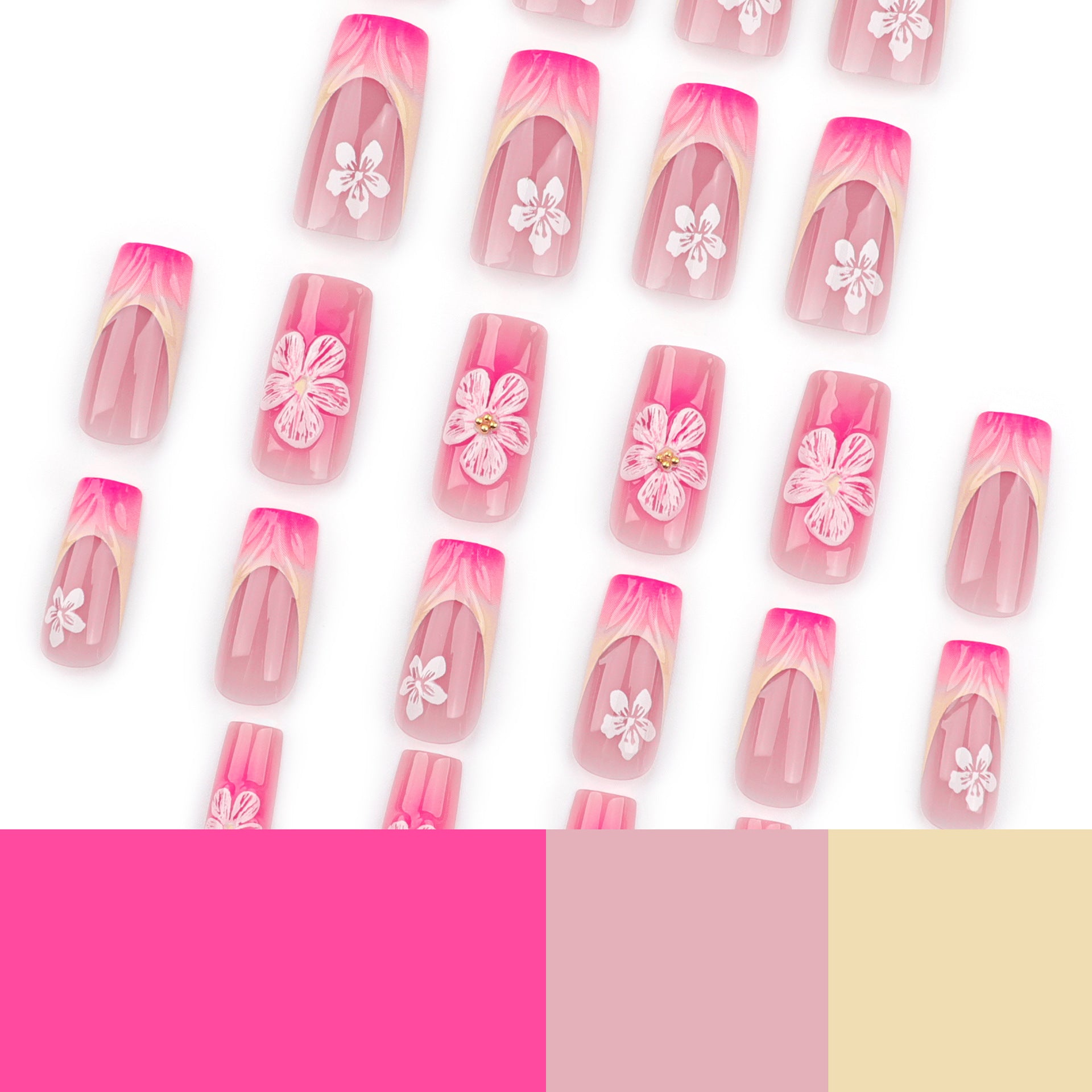 French Blush 3D Flowers Press on Nails 24Pcs Medium Squoval  Nails